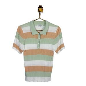 Lili Sidonio x Molly Bracken Knit Striped Ribbed Polo Green White Short Sleeve L